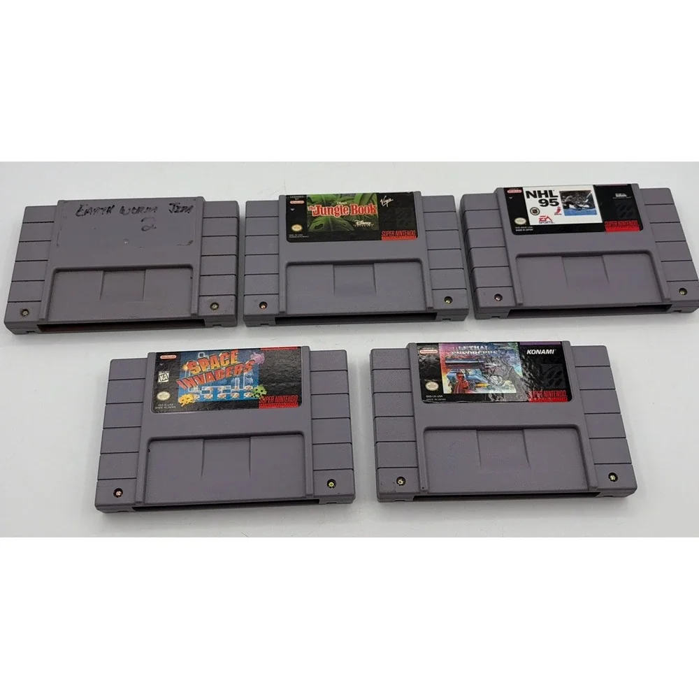 Super Nintendo SNES Vintage Video Game Lot 5 NHL, Jungle, Lethal, Space Etc.